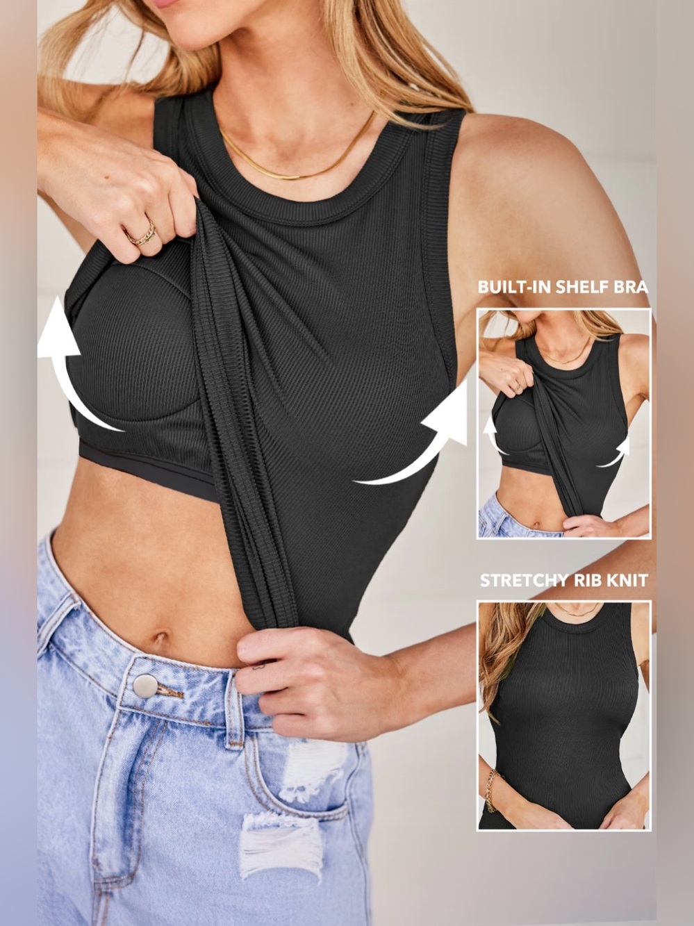 NWT CupShe Rib Knit Built-In Shelf Bra Tank Top in Navy Blue- size XL